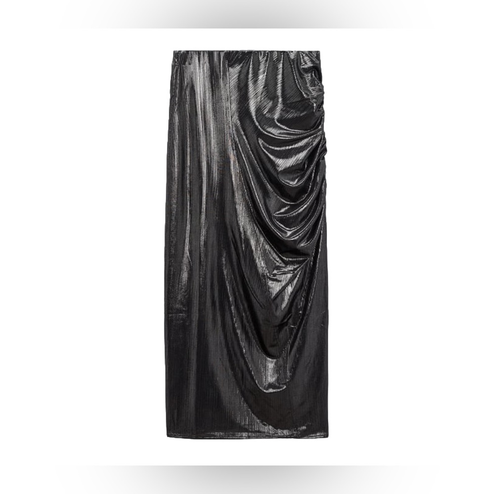 NWT ZARA Shiny Gathered MEDIUM Midi Skirt Elastic‎ Waist Back Slit 4770/629/836